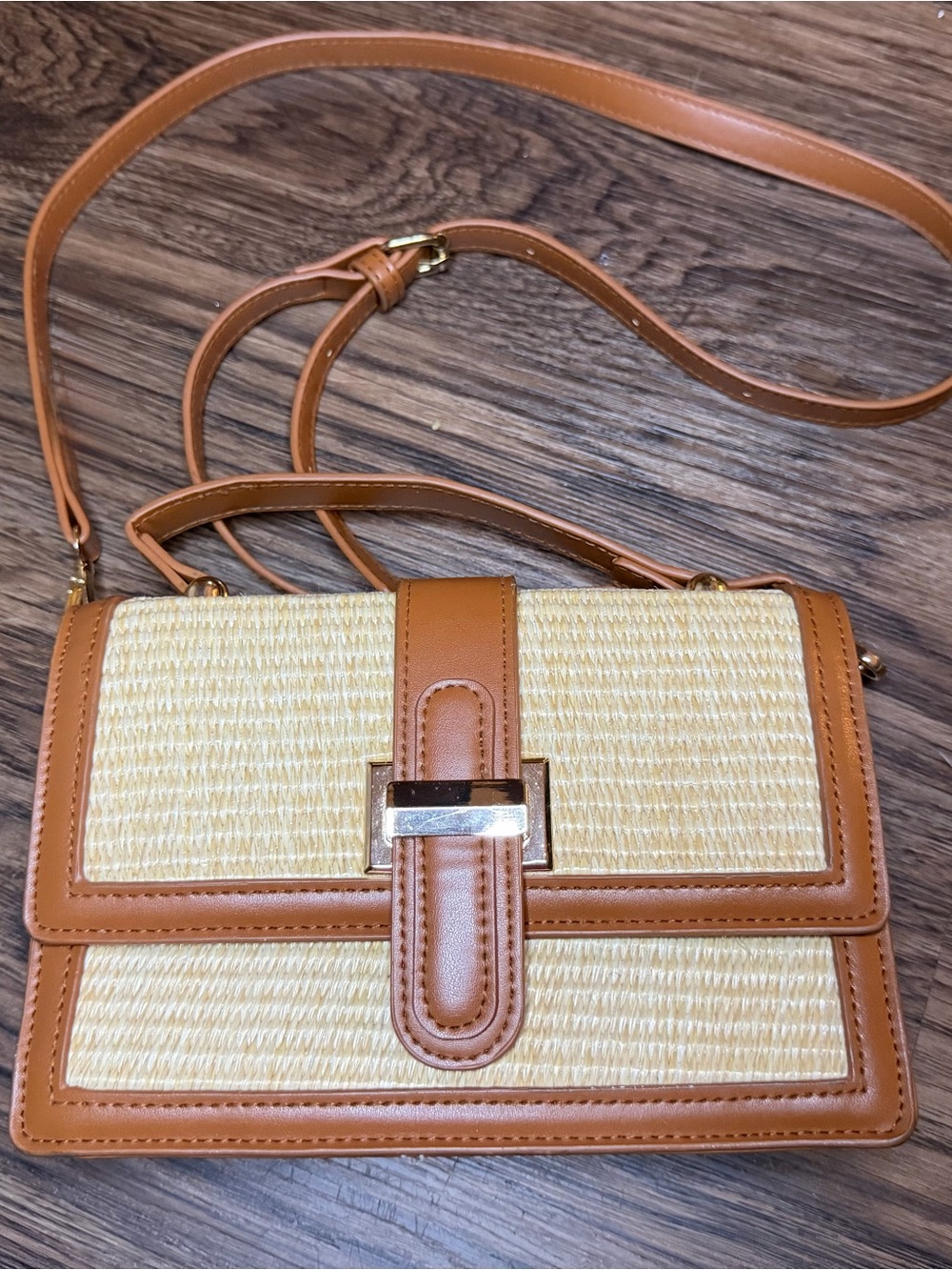 Structured Woven Crossbody Bag in Tan and Cream